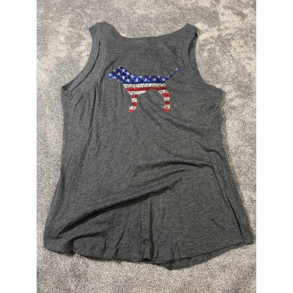 Victoria's Secret PINK Tank Top Gray Sequin American Flag Dog Logo Small
